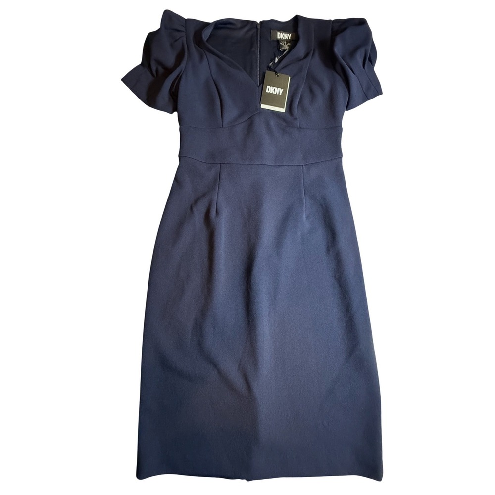 DKNY Womens Navy Blue V-Neck Puff Sleeve Sheath Dress DD1G2512 Size 2 NWT